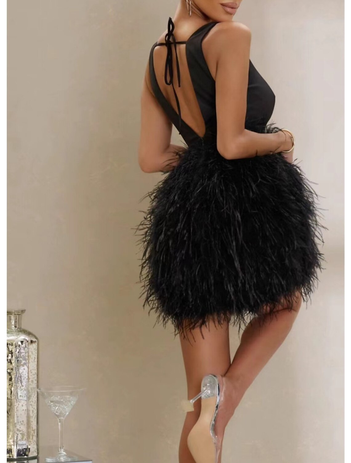 Wholesale Sheath / Column Party Dresses Backless Dress Wedding Guest Cocktail Party Short / Mini Sleeveless V Neck Polyester with Feather